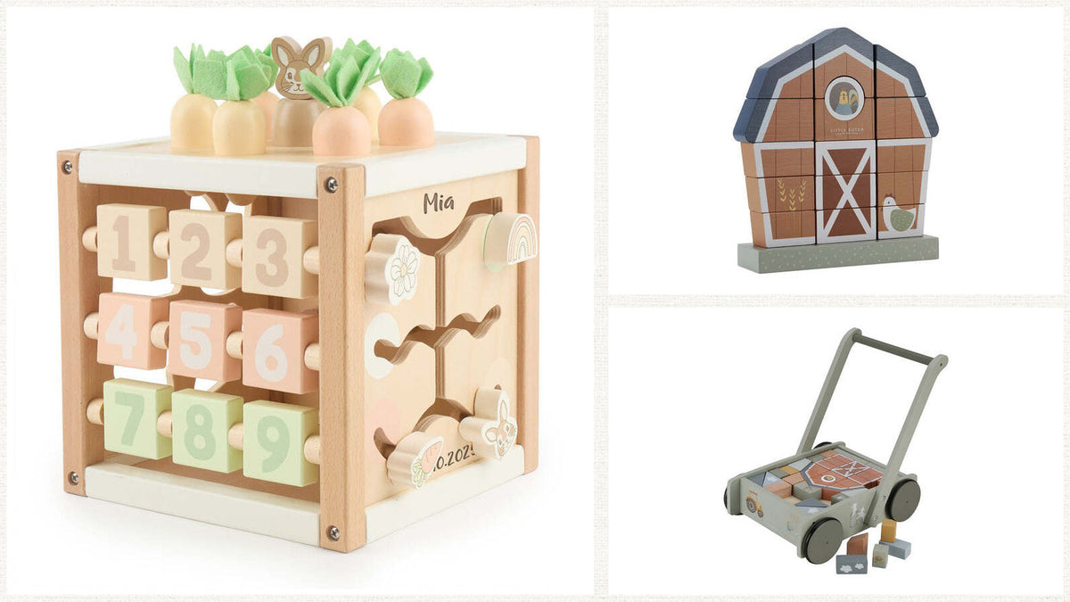 Originalprodukte aus dem Schmatzepuffer-Shop: Bieco Motorikwürfel sowie Little Dutch Stapelspiel und Lauflernwagen