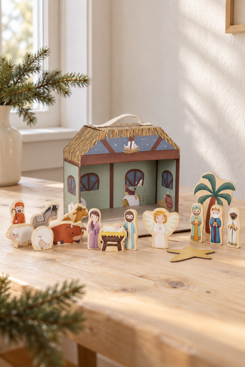 Kinderkrippe mit Holzfiguren und Kartonstall in ruhiger Weihnachtsumgebung – gestaltet aus dem Originalproduktfoto
