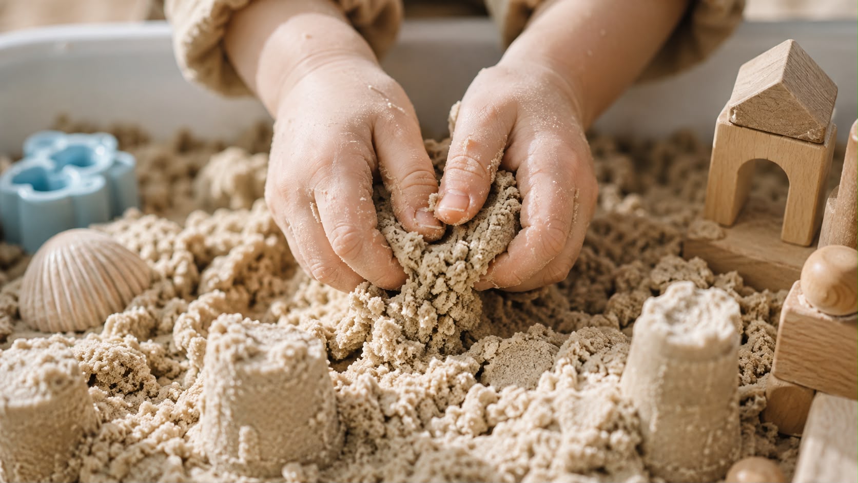 Kind formt selbst gemachten Zaubersand mit den Händen – einfaches Rezept mit Mehl und Öl für kreativen Spielspaß zu Hause.