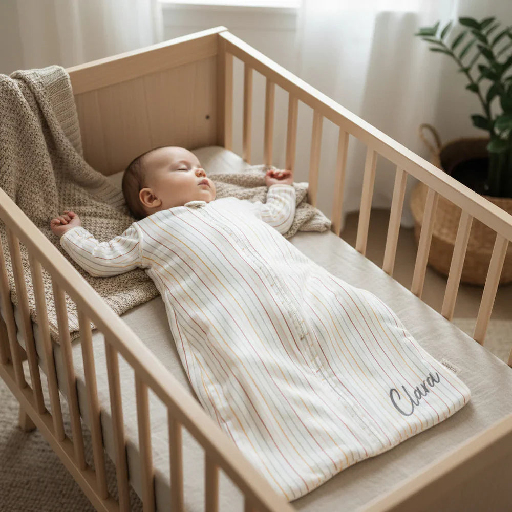 Baby im personalisierten Schlafsack mit Namen Clara