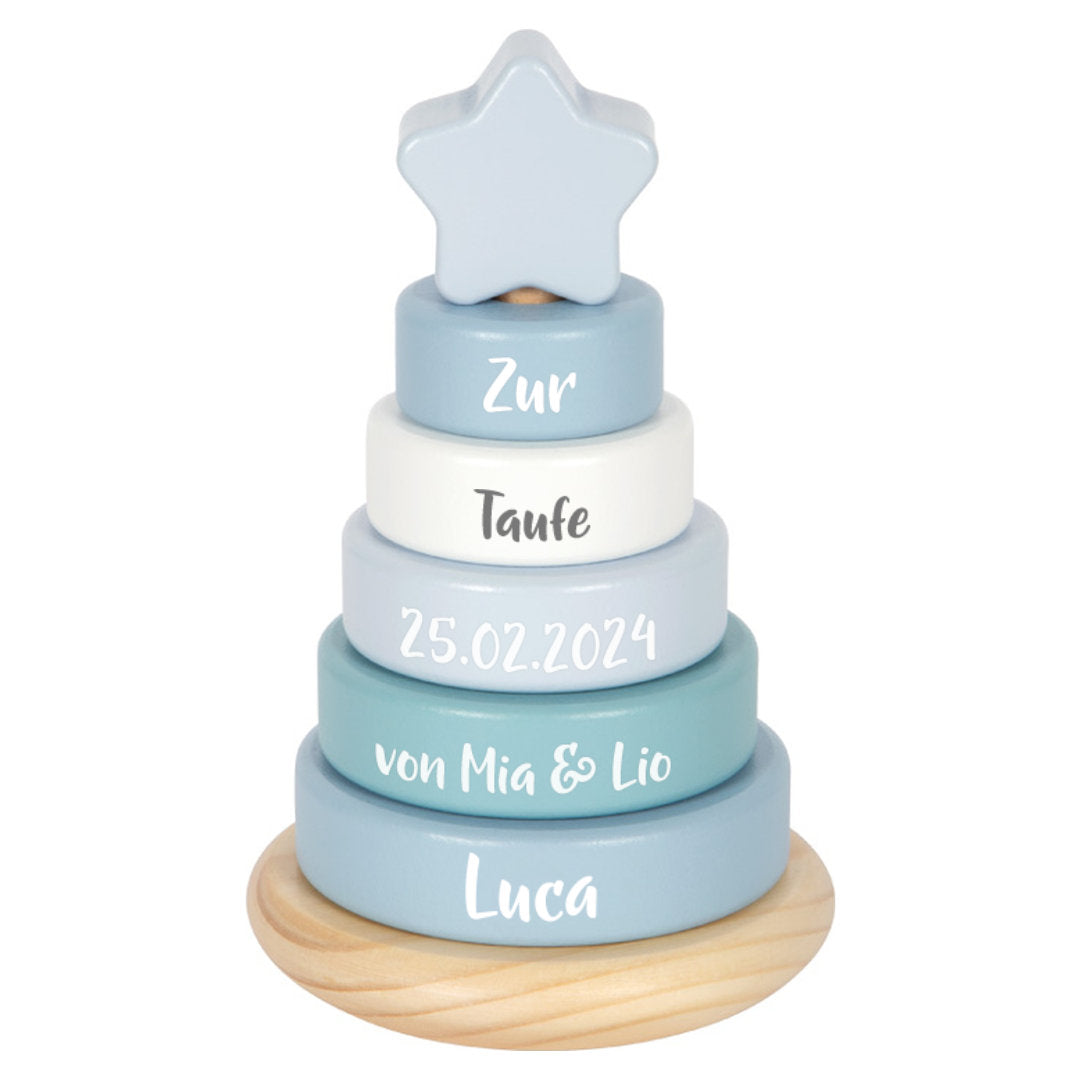 Personalized blue stacking tower - For a christening | small foot by Schmatzepuffer