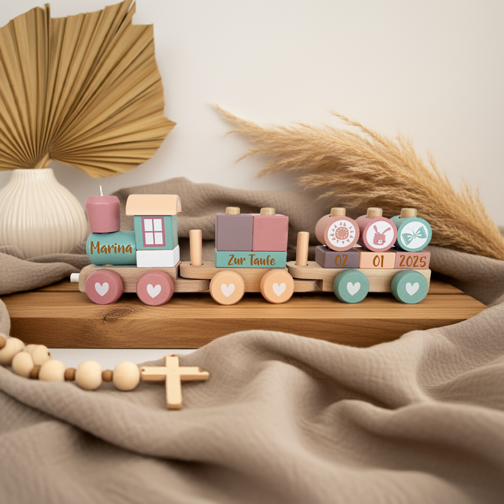 Personalized Wooden Train Adventure Pink - Christening Gift