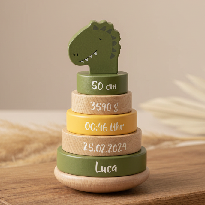 Personalized Wooden Stacking Tower Mr. Dino – Birth Gift | Schmatzepuffer