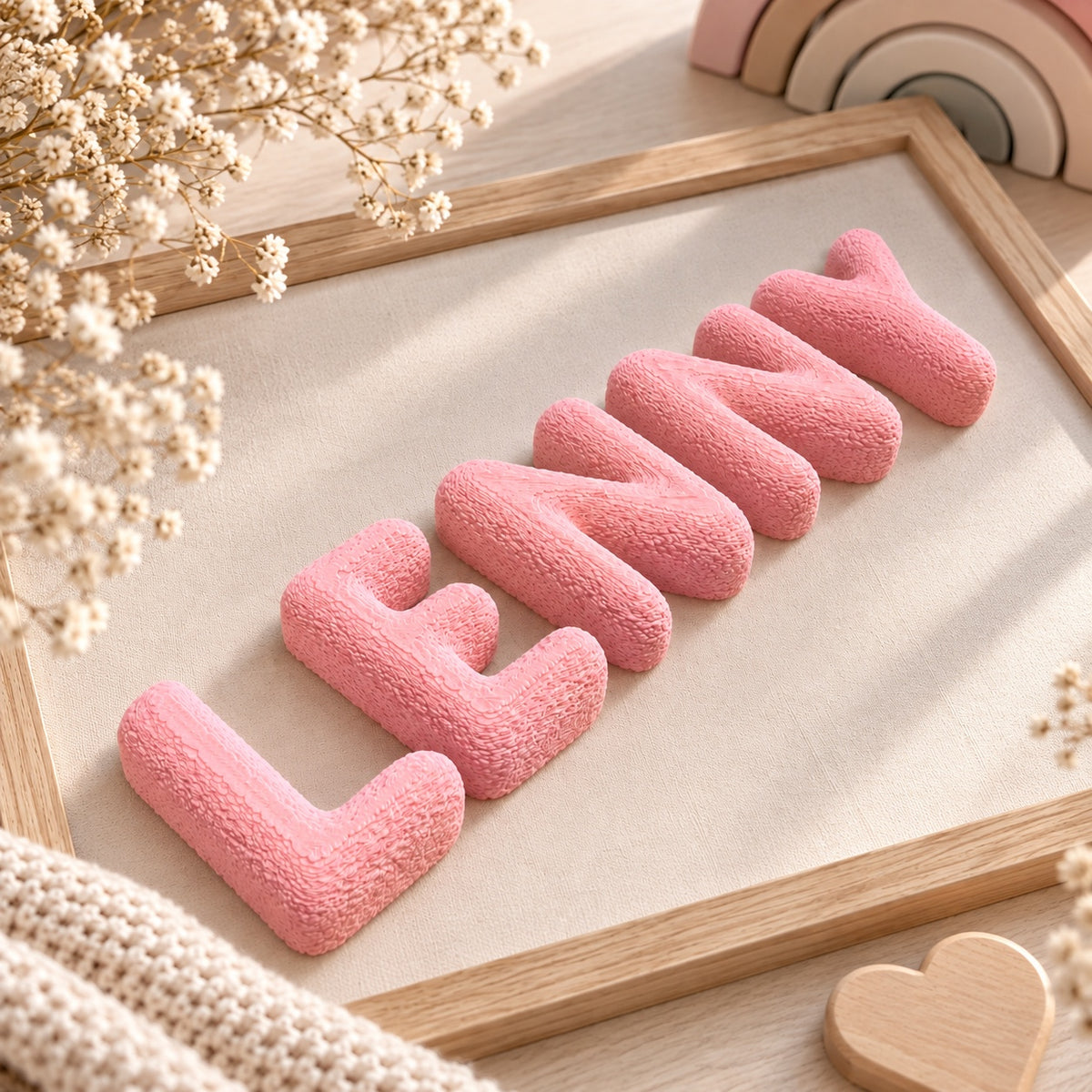Rosa 3D Bubble Letter mit strukturierter Fuzzy-Oberfläche als Namenszug LEANN