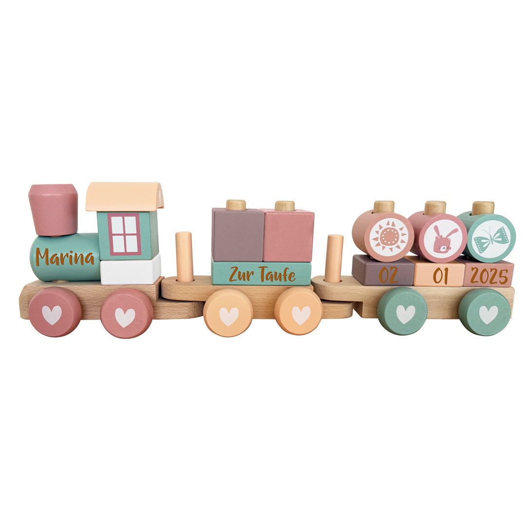 Personalisierter Holzzug Adventure Pink zur Taufe mit Name und Taufdatum – gelaserte Ausführung ohne Motiv