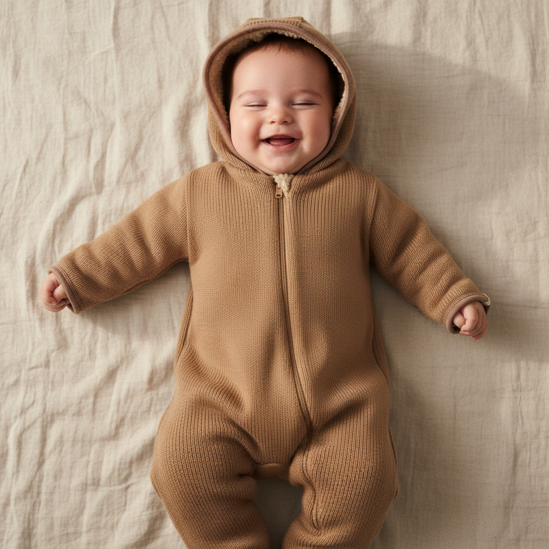Barboteuse en tricot à capuche, marron | Little Dutch