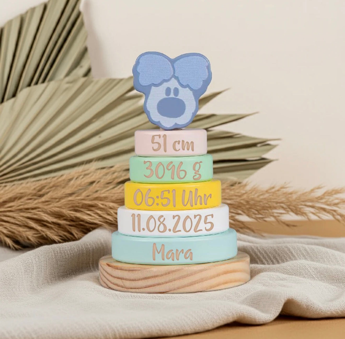 Personalized Stacking Tower Wusel Baby – Birth Gift | Schmatzepuffer