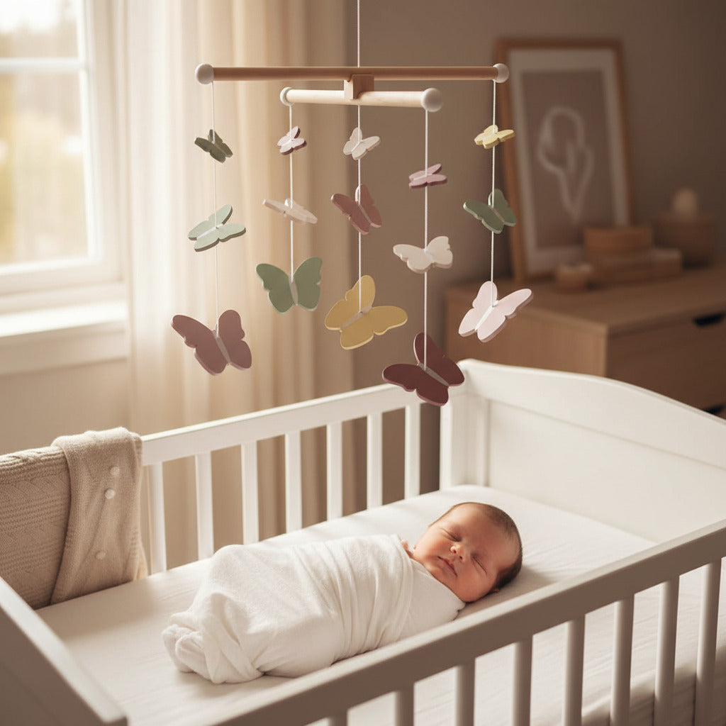 Baby Mobile aus Holz mit bunten Schmetterlingen in Pastellfarben, hängend über dem Babybett, beruhigend und dekorativ für das Kinderzimmer