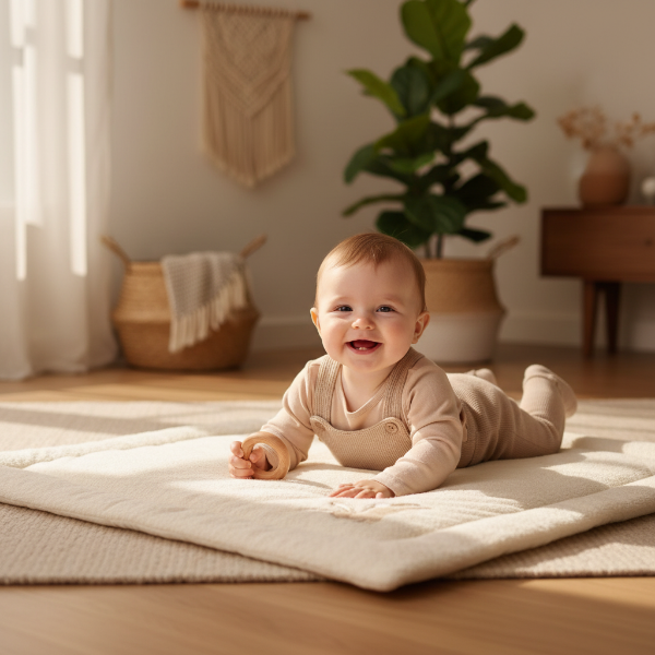 Baby auf Krabbeldecke im Wohnzimmer beim Spielen – weiche Spieldecke für sichere und ruhige Babyentwicklung
