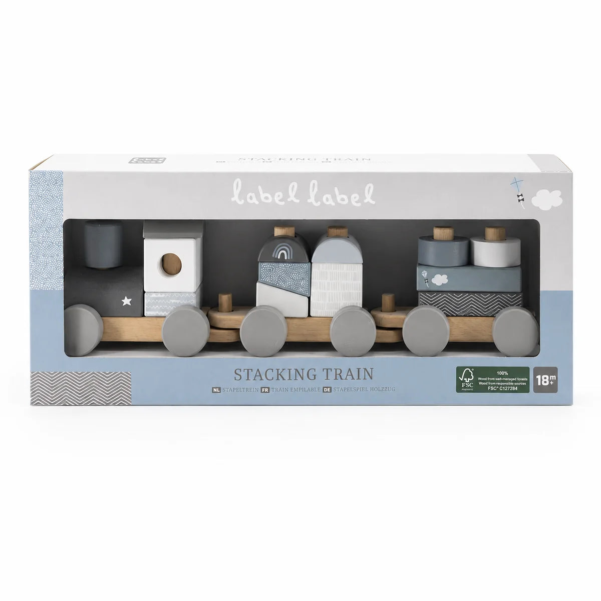 Verpackung des personalisierten Stapelzugs aus Holz in Blau von Label Label zur Geburt