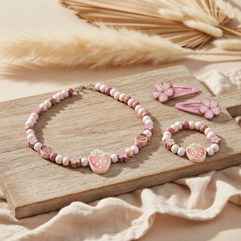 Little Dutch Schmuckset Erdbeere mit Halskette, Armband und zwei rosa Blumenhaarspangen auf einem Holzbrett mit beiger Dekoration