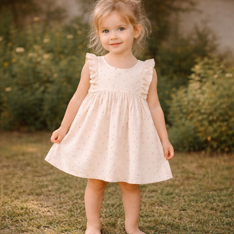 Kleinkind im luftigen Sommerkleid im Garten. Leichtes Kinderkleid für warme Tage mit bequemer Passform, ideal für Alltag, Familienfeste und besondere Anlässe.
