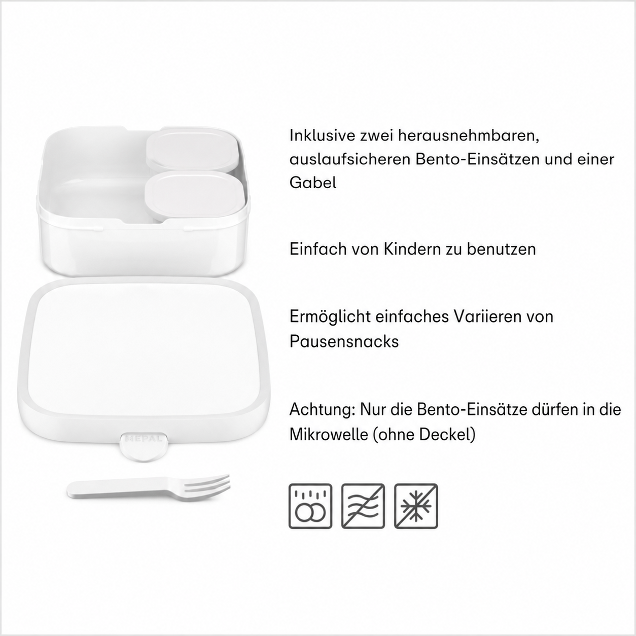 Produktdetails der Mepal Campus Bento Brotdose Groß mit zwei herausnehmbaren Bento-Einsätzen, Gabel sowie Hinweisen zur einfachen Nutzung und Reinigung
