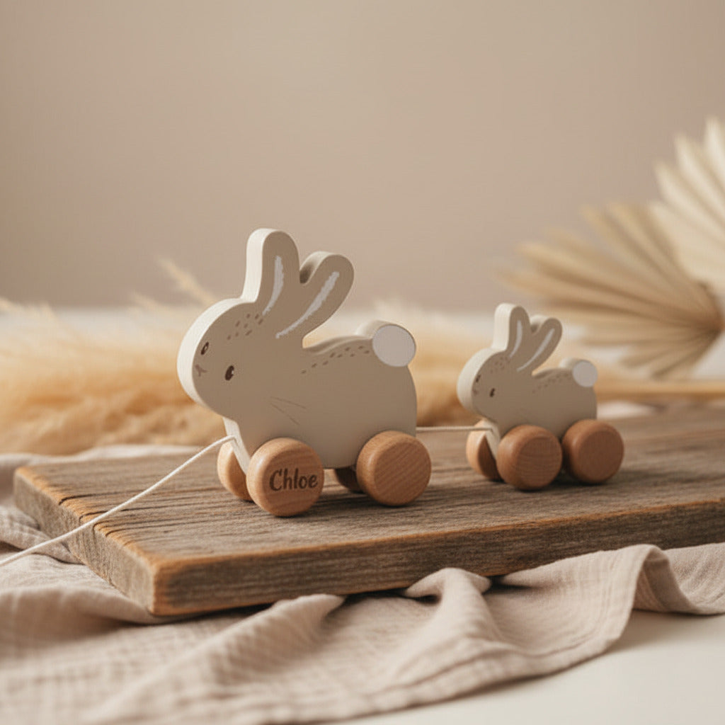 Personalized wooden pull-along baby bunny