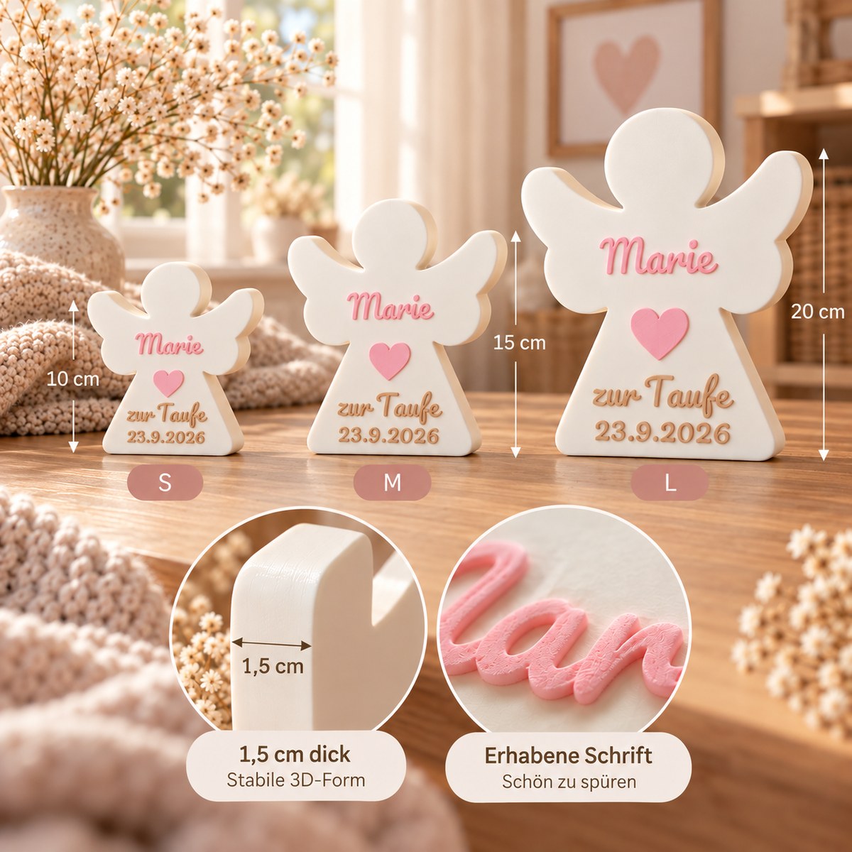 Personalisierter 3D-Schutzengel zur Taufe in 10, 15 und 20 cm