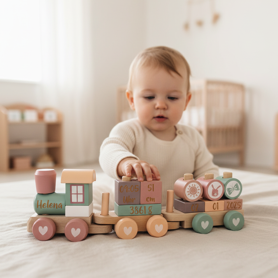 Personalisierter Holzzug Adventure Pink als Geschenk zur Geburt für ein Baby