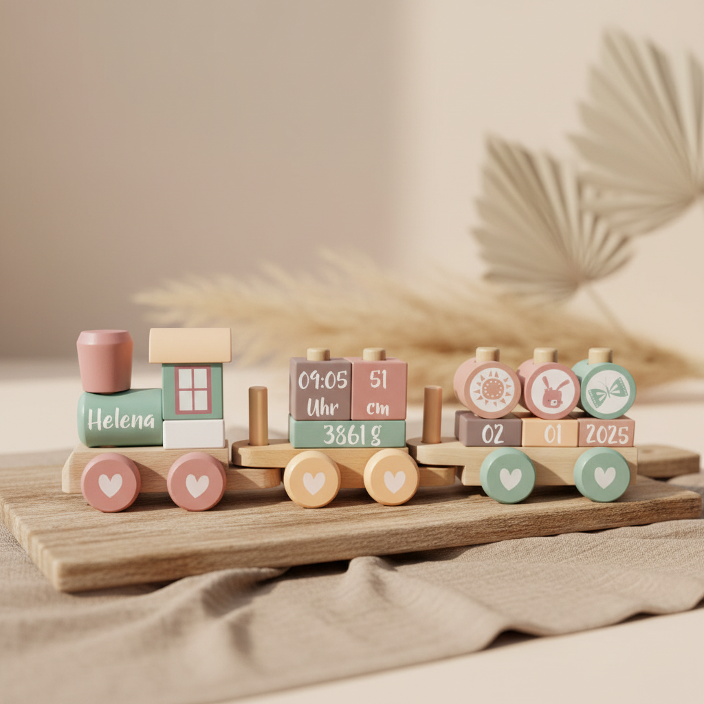 Personalisierter Holz Abenteuer Zug in Pink mit individuellem Namen, liebevolles Geschenk zur Geburt und ideales Spielzeug fuer Babys und Kleinkinder