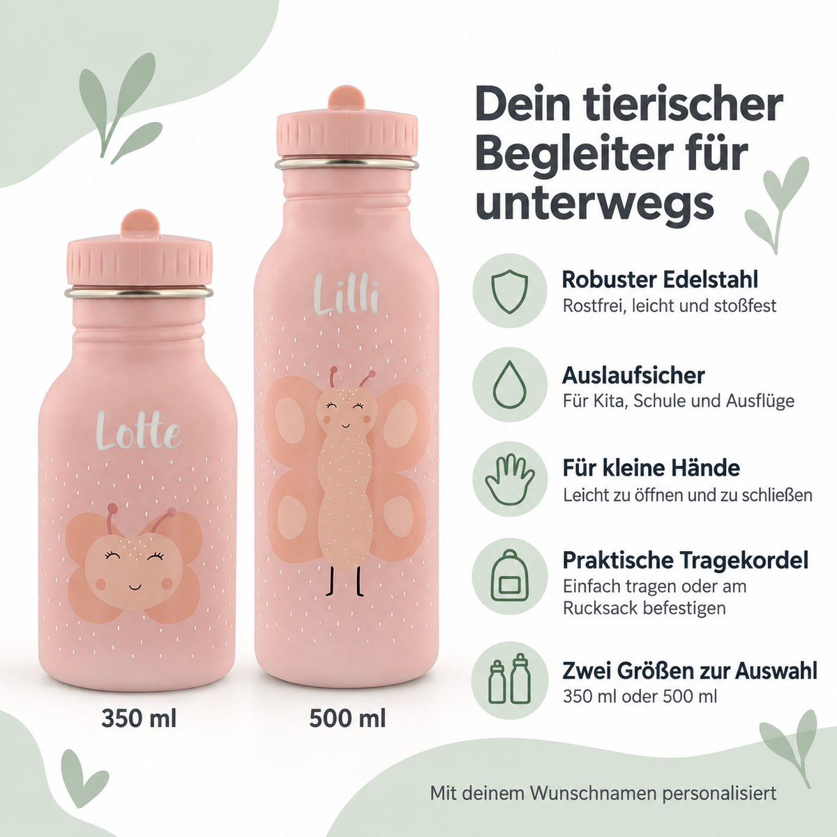 Rosa Trixie Trinkflaschen Frau Schmetterling in 350 ml und 500 ml mit den Namen Lotte und Lilli im Größenvergleich mit Produktvorteilen