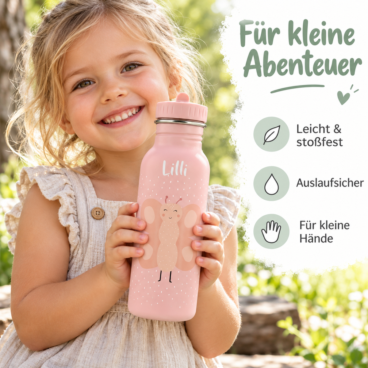 Kind hält eine rosa Trixie Trinkflasche Frau Schmetterling mit dem Namen Lilli und 500 ml Fassungsvermögen neben drei Produktvorteilen