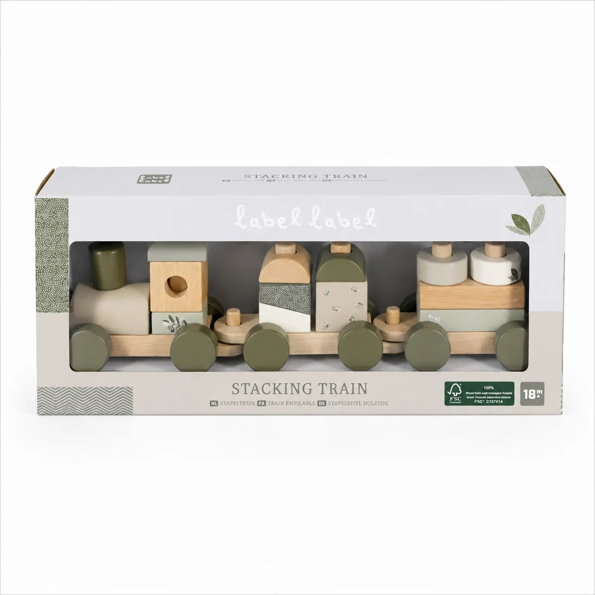Verpackung des personalisierten Stapelzugs aus Holz in Olivgrün von Label Label für ein individuelles Geschenk zur Geburt