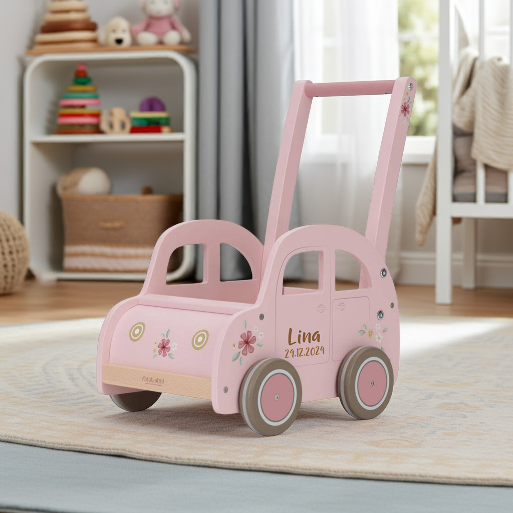 Pink walker, customizable with name & date of birth