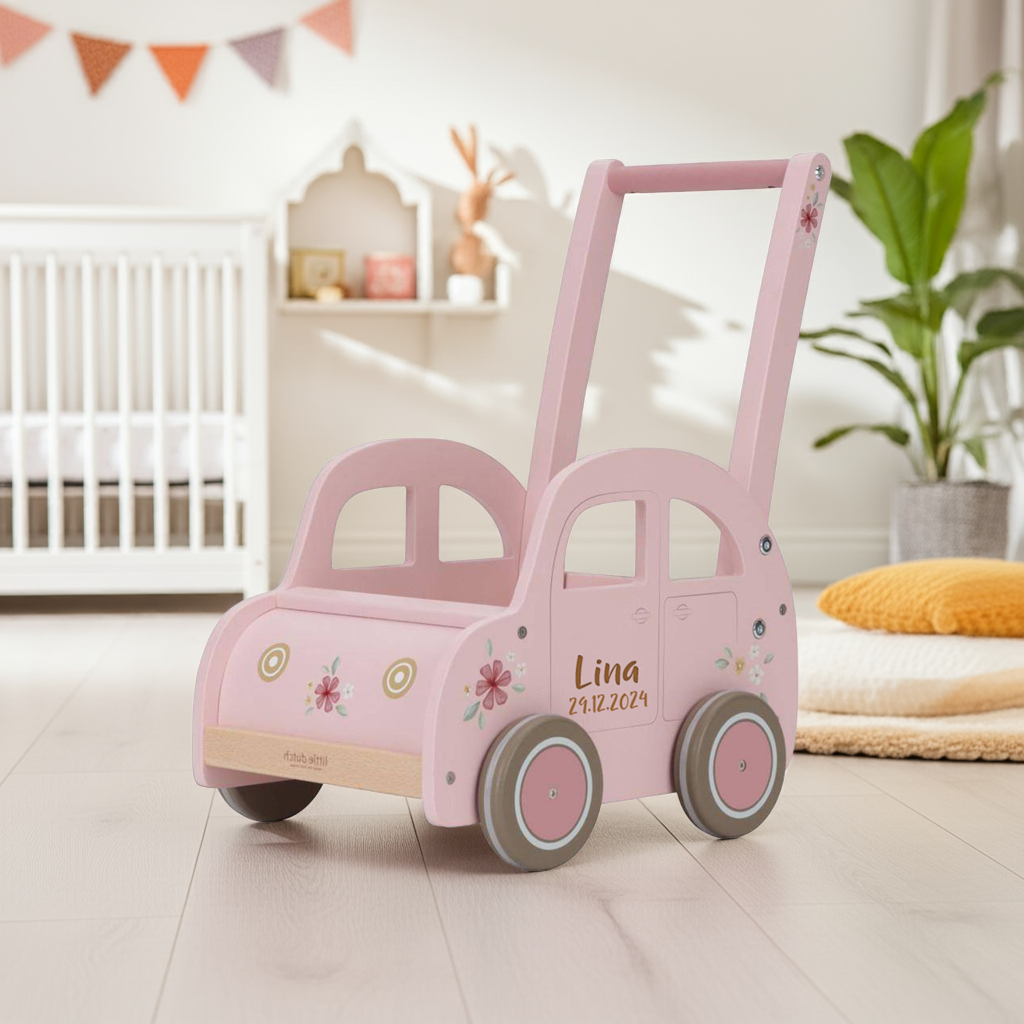 Pink walker, customizable with name & date of birth