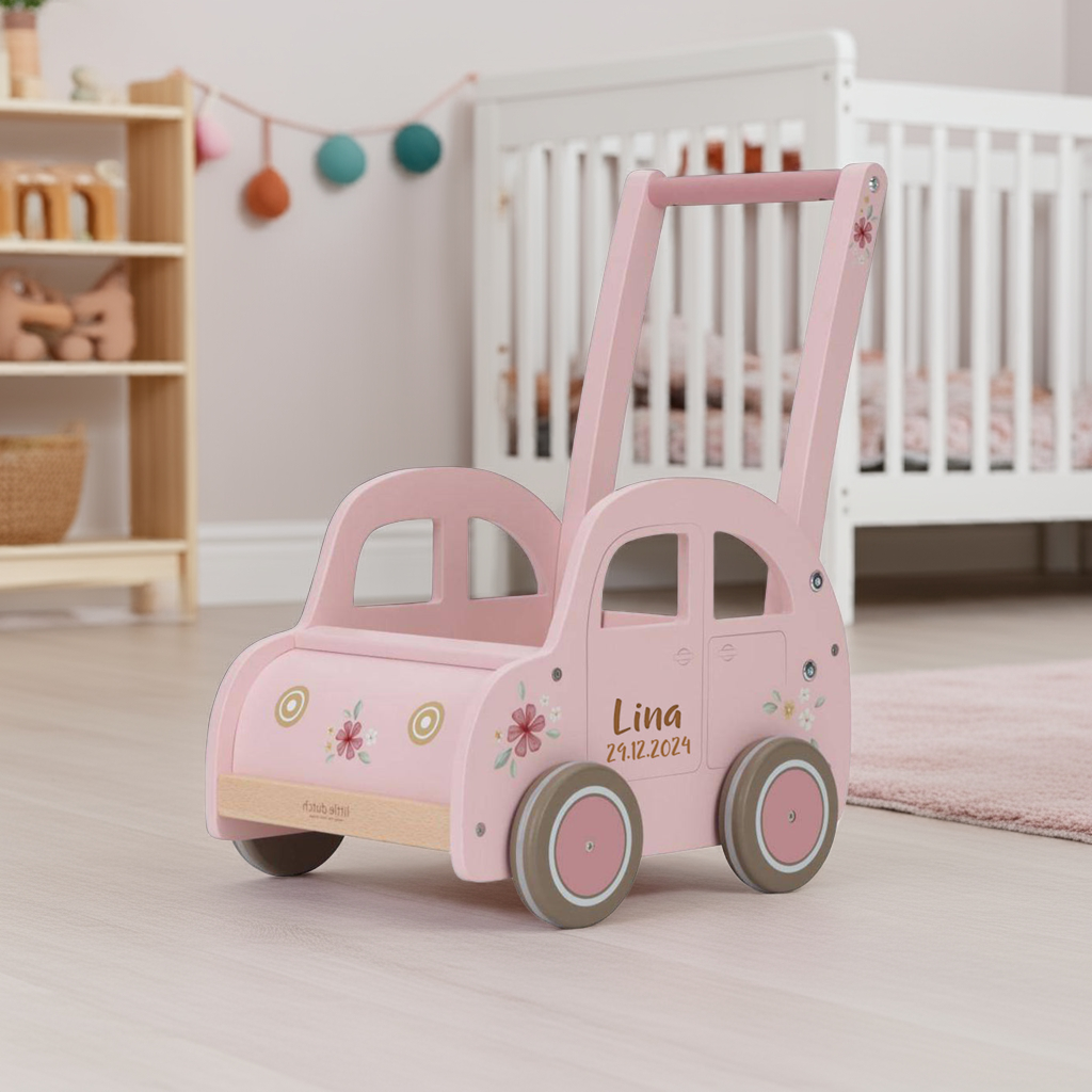 Pink walker, customizable with name & date of birth