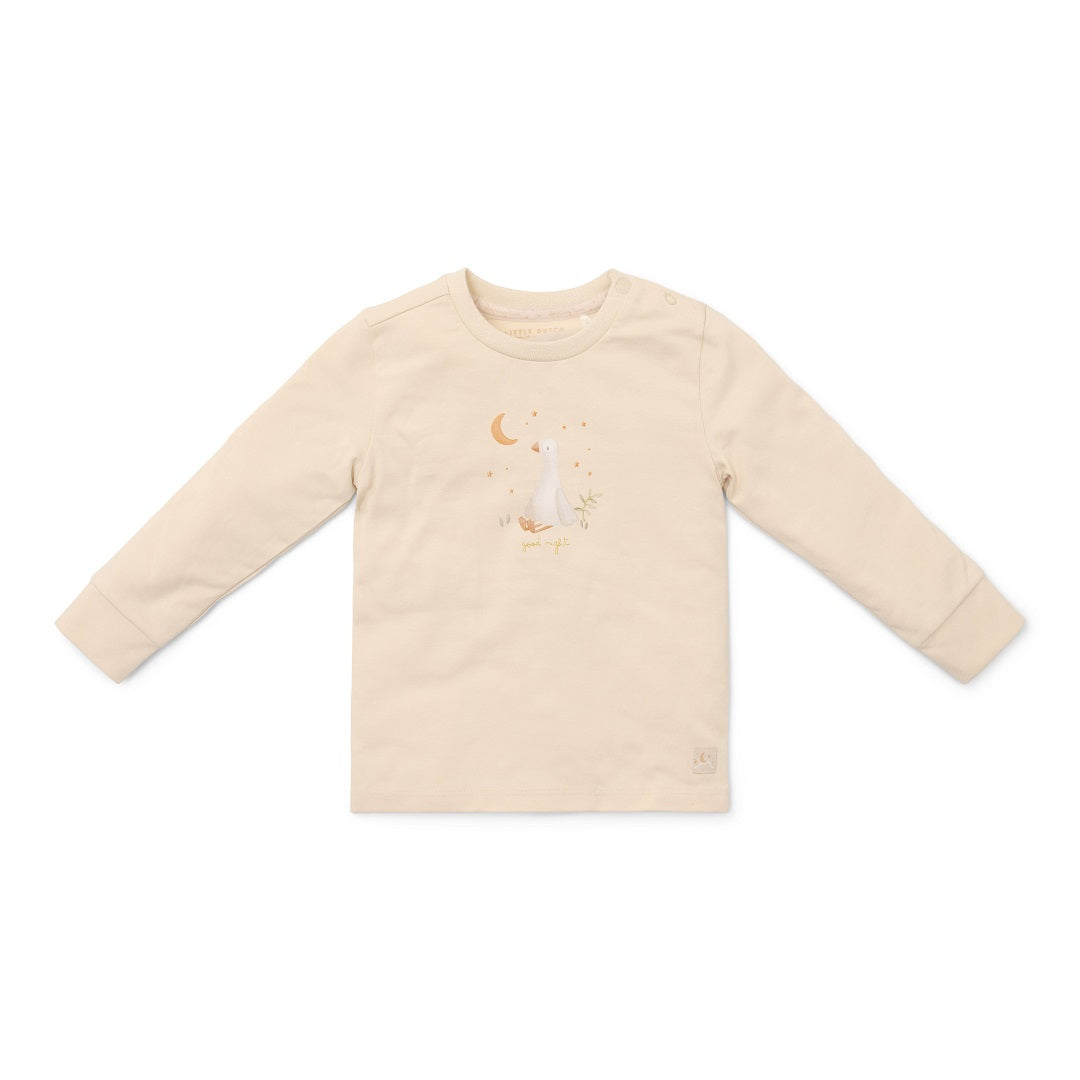 Zweiteiliger Little Dutch Pyjama Baby Goose mit Gans auf dem Oberteil und gestreifter Hose in Weiß und Beige