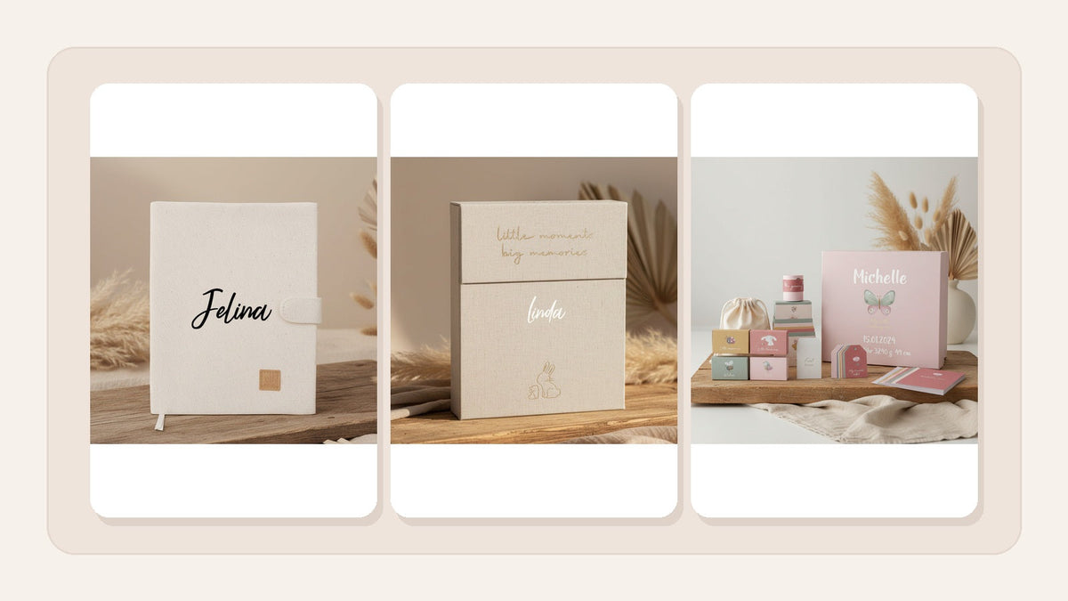 Drei Original-Shopfotos einer U-Heft-Hülle, Meilensteinkarten und einer Erinnerungsbox in einer ruhigen 16:9-Collage