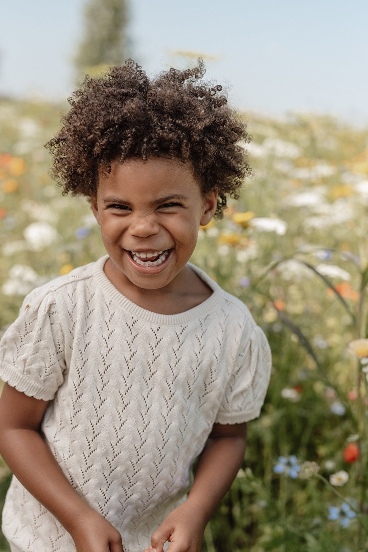 Cream Short-Sleeved Knitted Sweater for Babies and Children