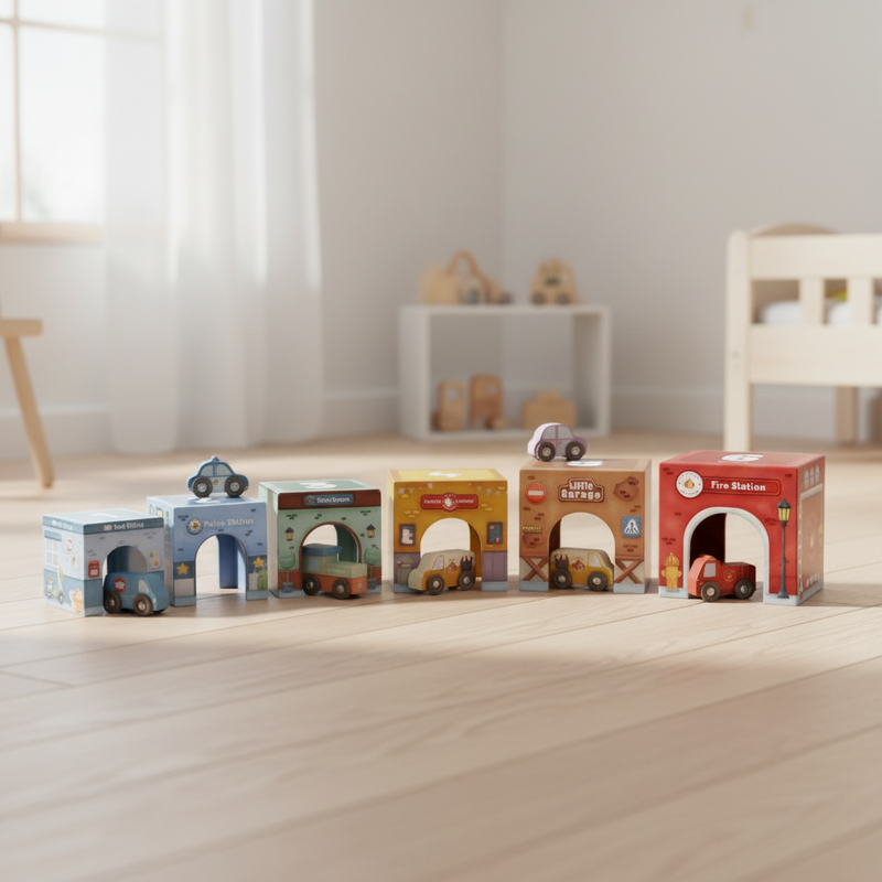 Stacking cubes with cars for wooden railway play worlds | Smacking buffers