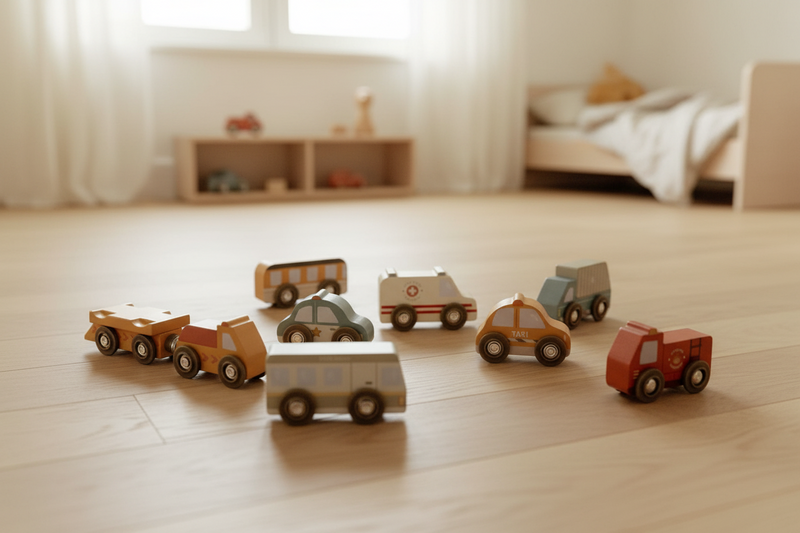 Wooden vehicle set for wooden railway – Fire brigade & Police | Schmatzepuffer