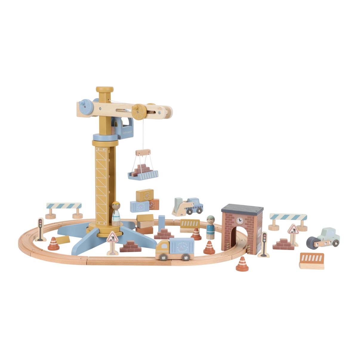 Set de jeu grue de chantier en bois pour chemins de fer en bois | Schmatzepuffer