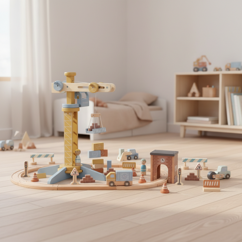 Set de jeu grue de chantier en bois pour chemins de fer en bois | Schmatzepuffer