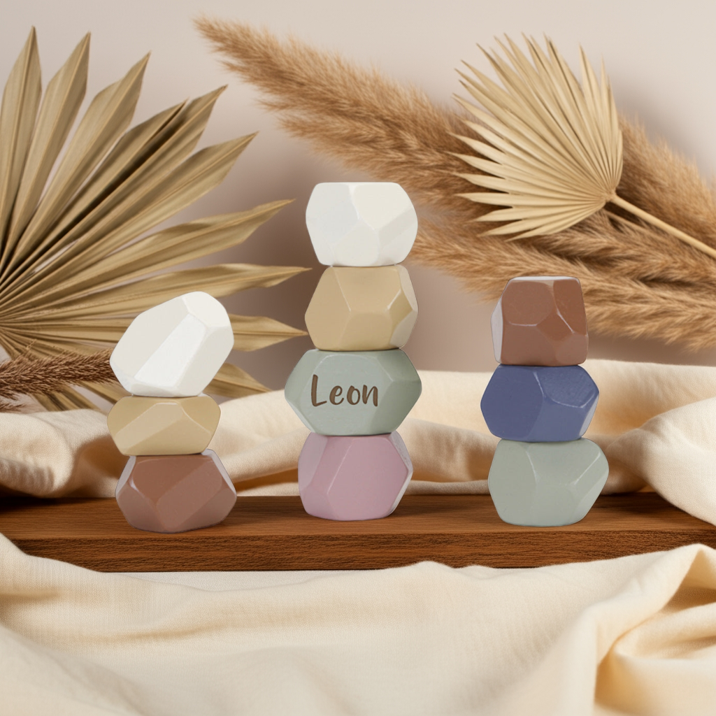 Balanciersteine aus Holz in verschiedenen Formen und Farben – Produktansicht