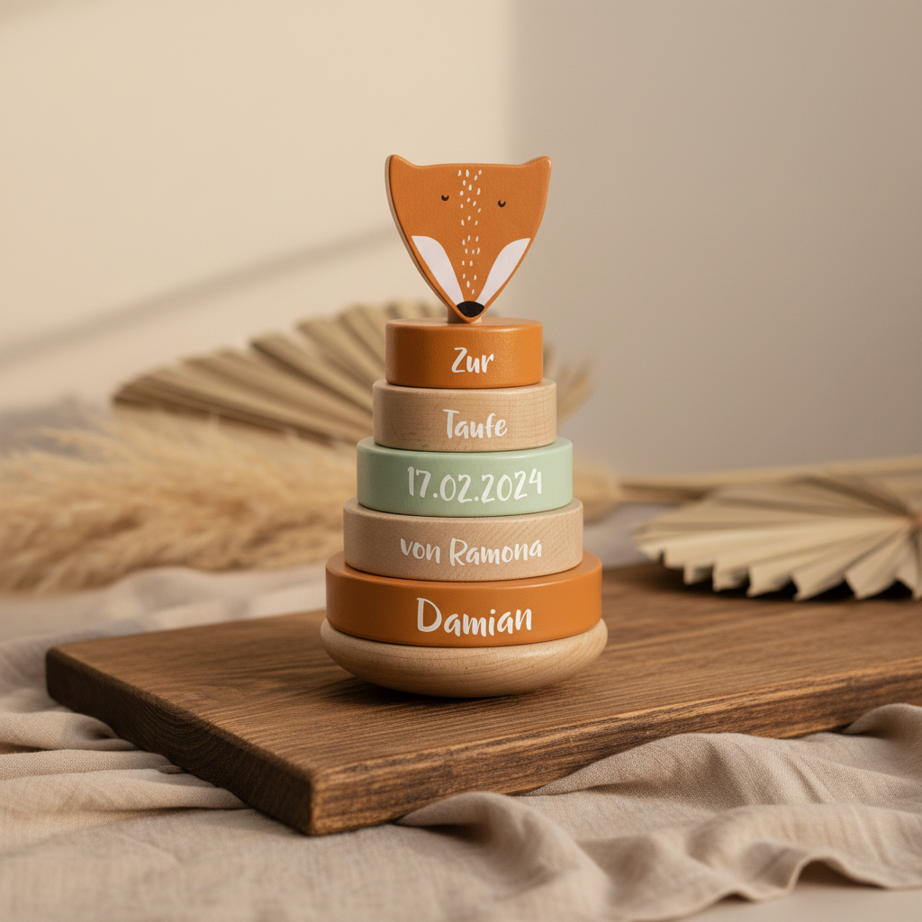Wooden Stacking Tower Mr. Fox – Christening Gift | Schmatzepuffer