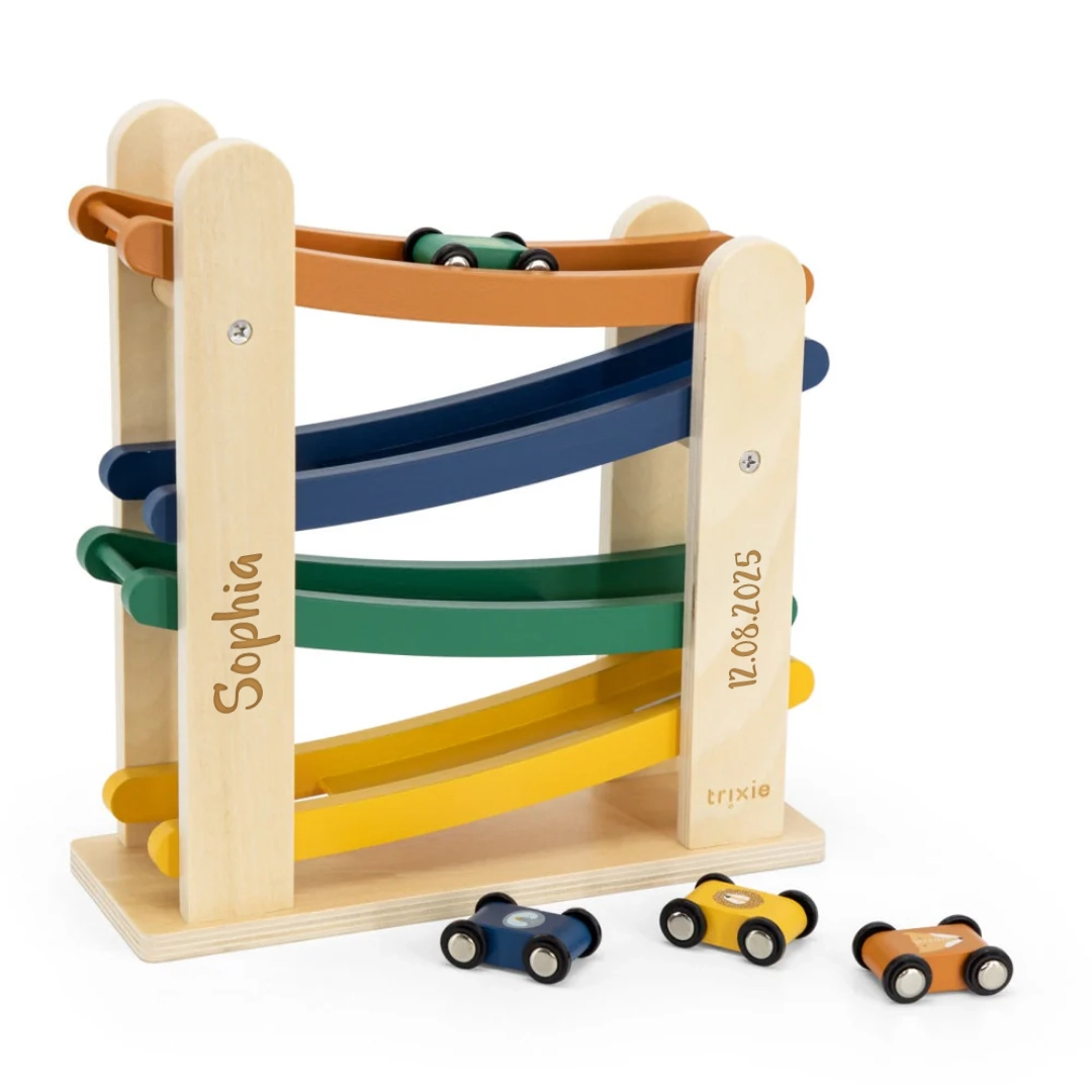 Holz Kugelbahn mit 4 Autos – Motorikspielzeug für Kinder | Schmatzepuffer