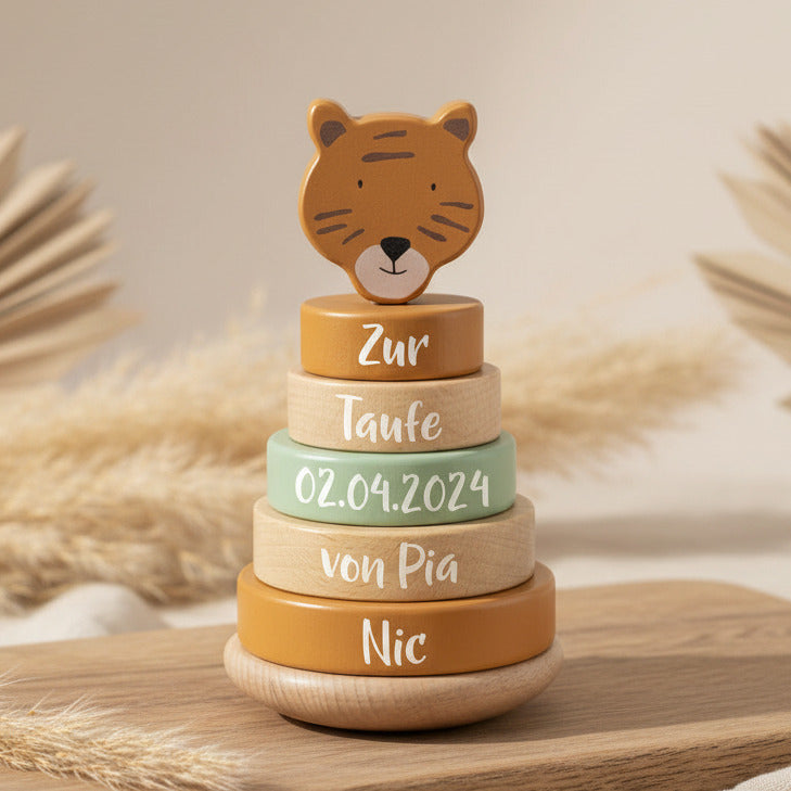 Stacking Tower Wood Mr. Tiger - Christening Gift | Schmatzepuffer