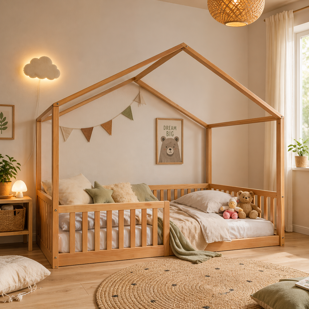 Lit cabane Montessori 140x200 en hêtre naturel – Lit au sol avec toit en option