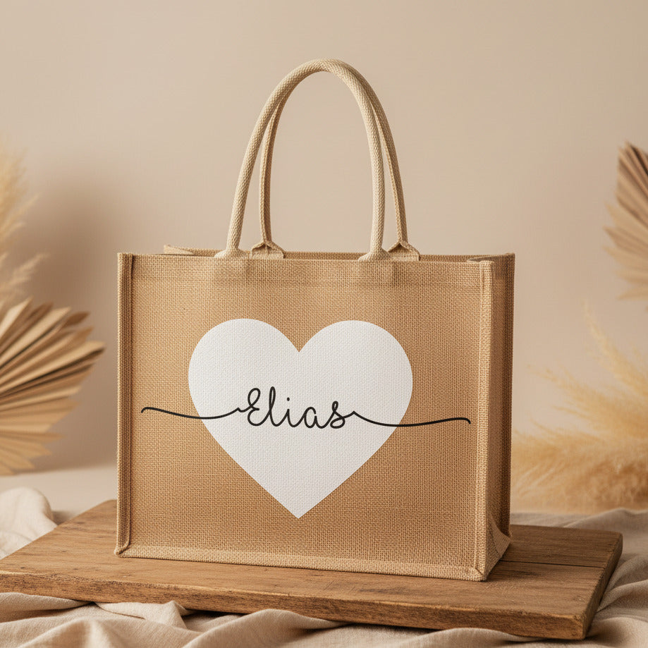 Personalized jute bag with heart &amp; name | Schmatzepuffer®