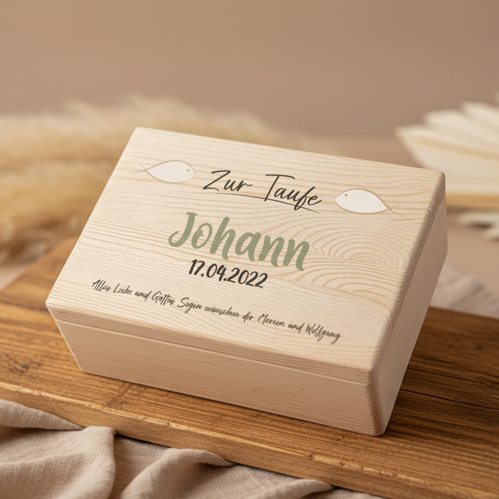 Boîte à souvenirs personnalisée en bois naturel – Cadeau de baptême | Schmatzepuffer