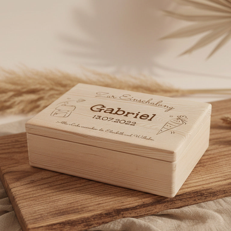 Boîte à souvenirs - Bois naturel - Personnalisée pour la rentrée scolaire | Schmatzepuffer