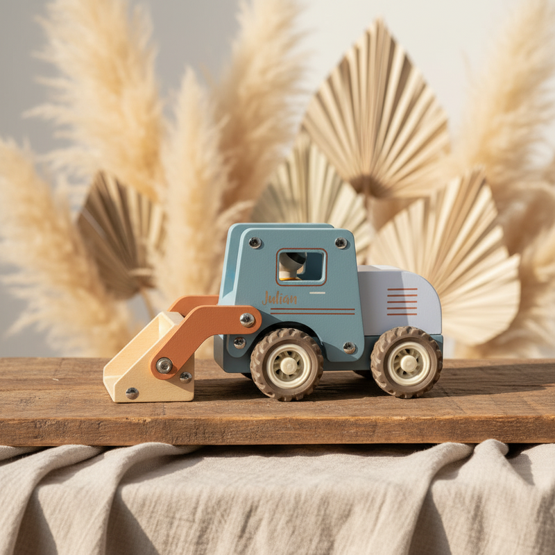 Personalized wooden toy bulldozer with engraving – baby gift with name