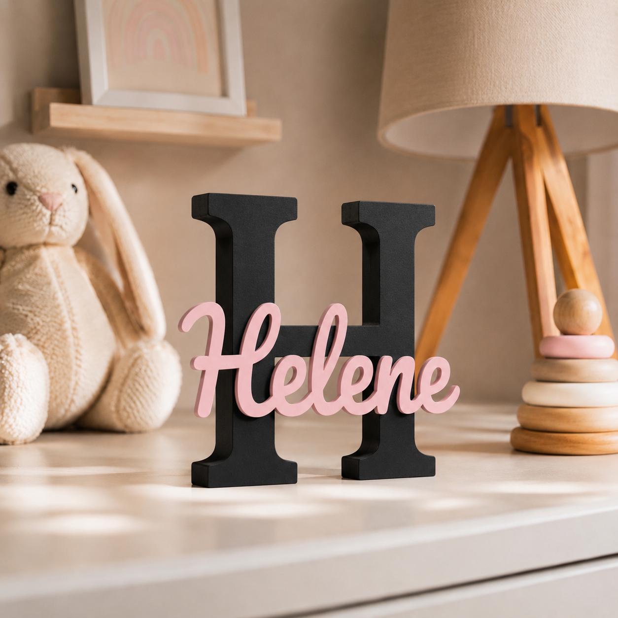 Personalized Name Sign with Large Black Initial & Name – Nursery Decor in Custom Color