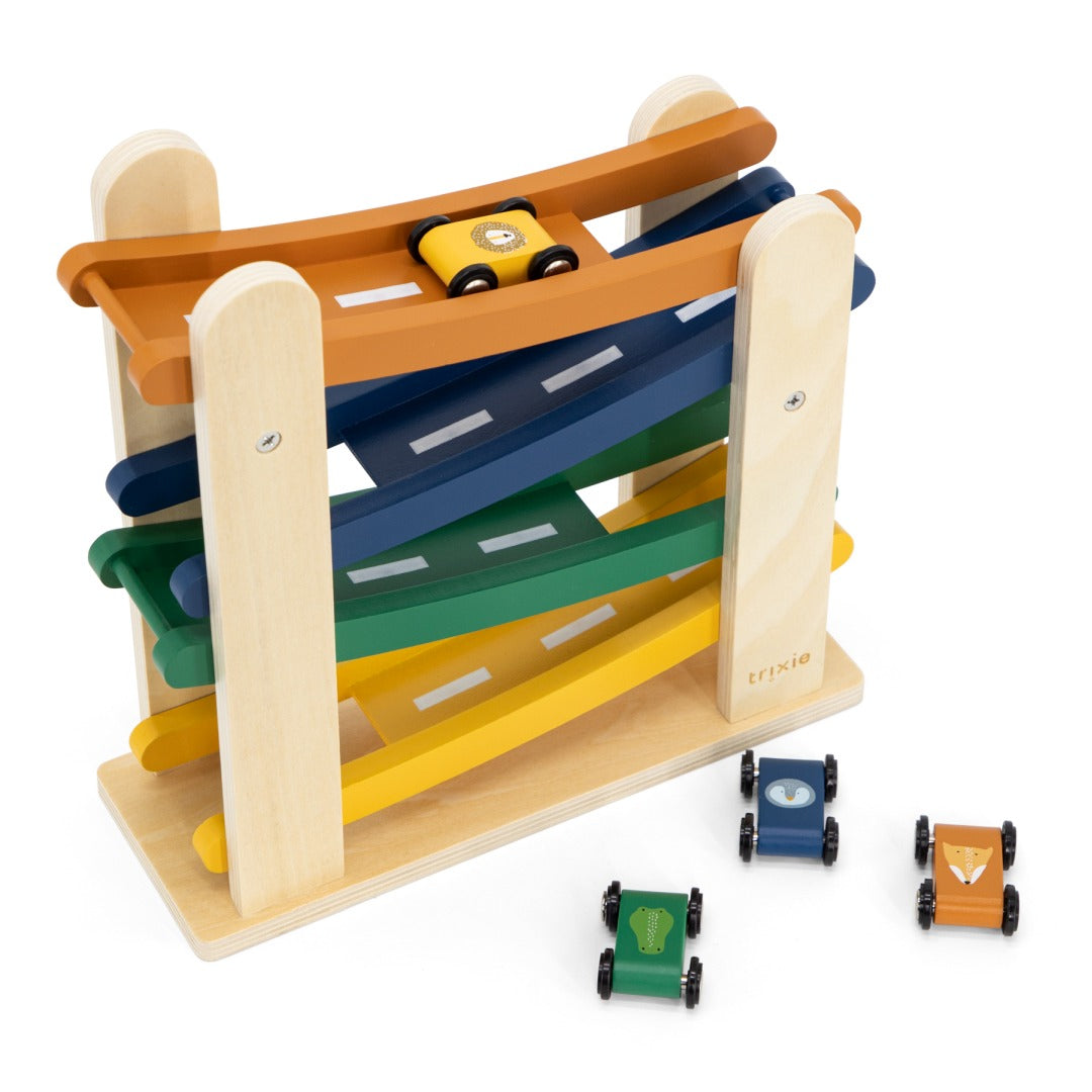 Holz Kugelbahn mit 4 Autos – Motorikspielzeug für Kinder | Schmatzepuffer