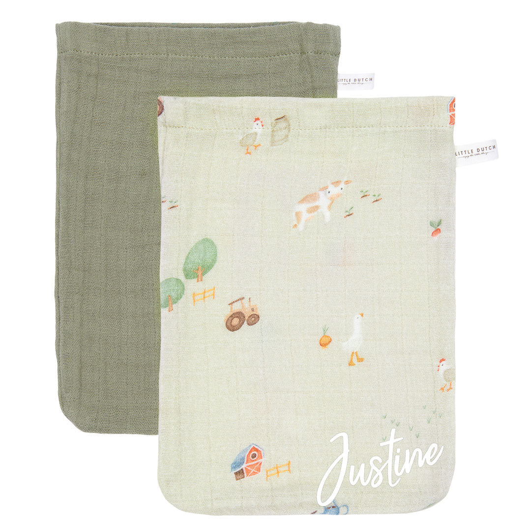 Washing gloves set muslin - Little Farm / Pure Olive | Little Dutch