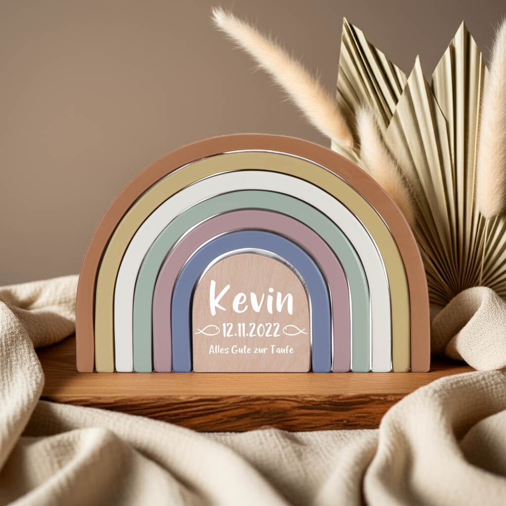 Tour à empiler personnalisée Arc-en-ciel Vintage pour le baptême – Bois imprimé | Schmatzepuffer