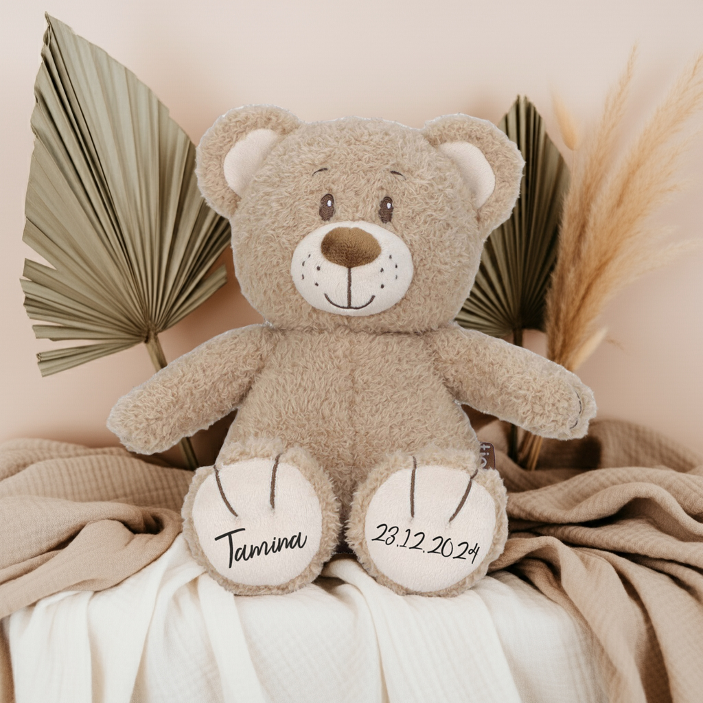 Personalisierter Teddybär mit Name – Geschenk zur Geburt & Taufe| Schmatzepuffer