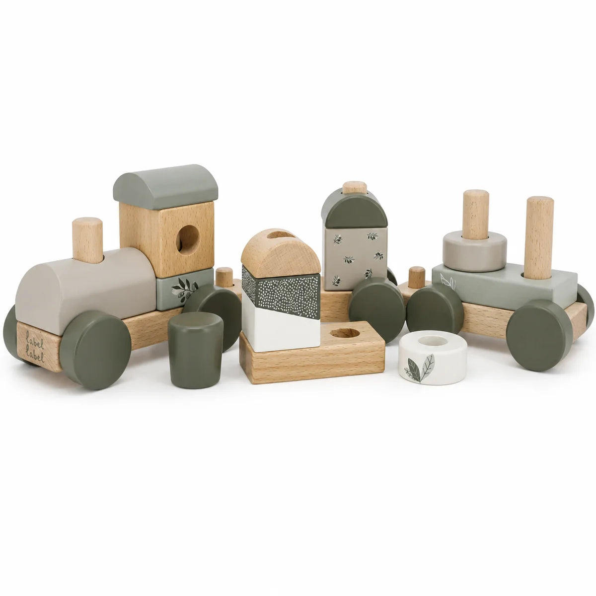 Holzbausteine des personalisierten Label Label Stapelzugs in Olivgrün als besonderes Geschenk zur Geburt