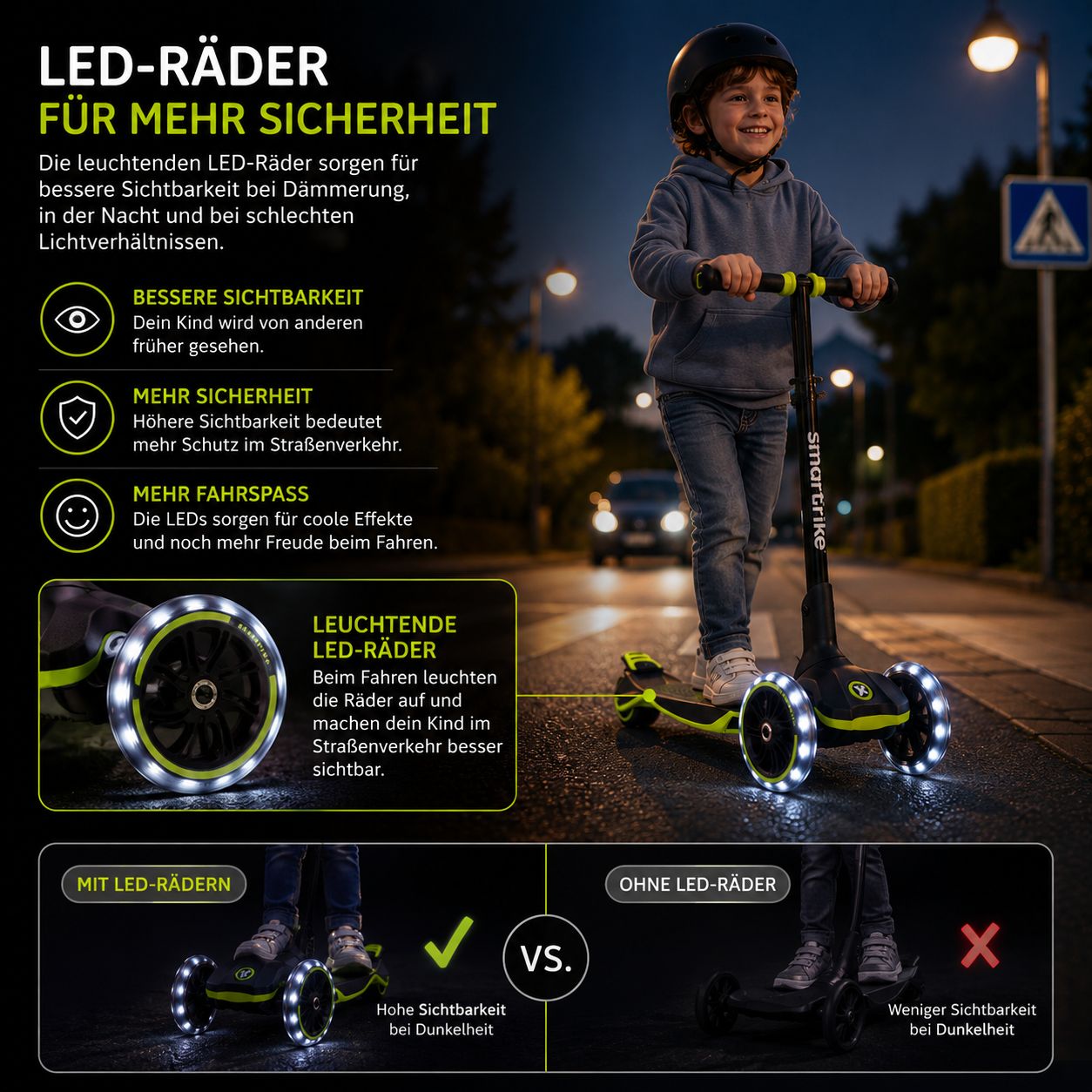 Kinderroller mit leuchtenden grünen LED-Rädern für mehr Sicherheit bei Dämmerung und Dunkelheit – mitwachsender Scooter für Kinder 3 bis 12 Jahre